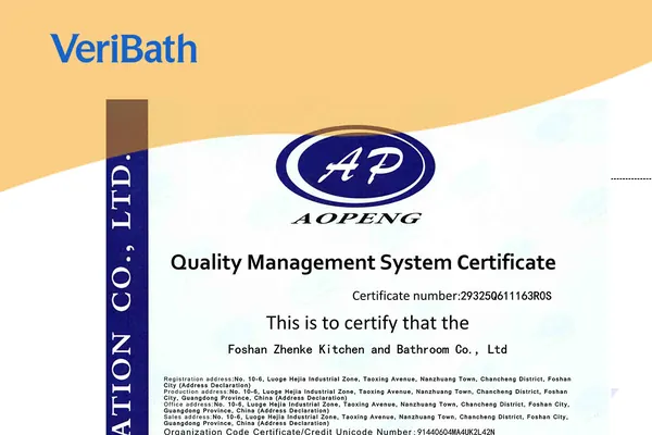 ISO 9001:2015 Quality Management System certificate held by the VeriBath manufacturing entity