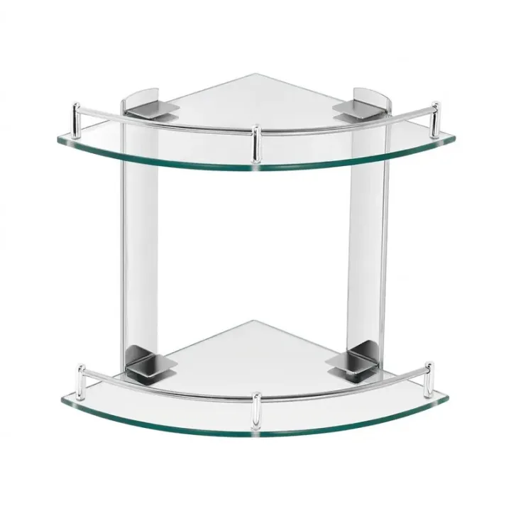 Stainless Steel Rimmed Double-Tier Triangle Glass Corner Shelf