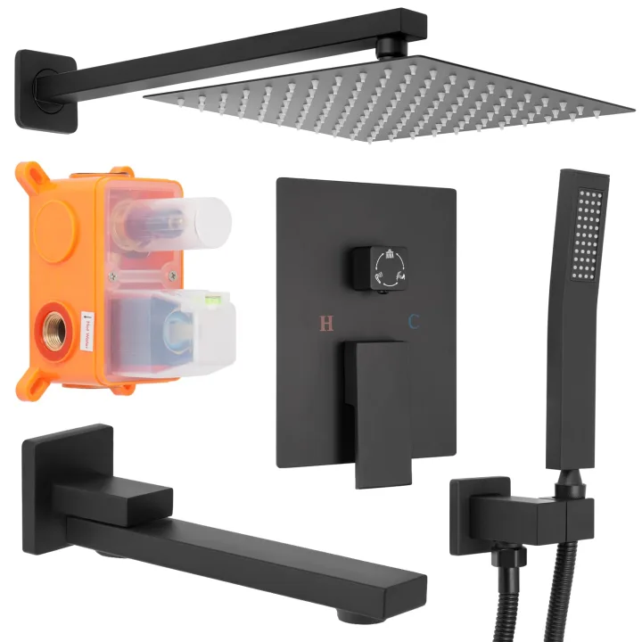 Square Concealed Shower Set with Top Shower and Handheld Shower and Spout