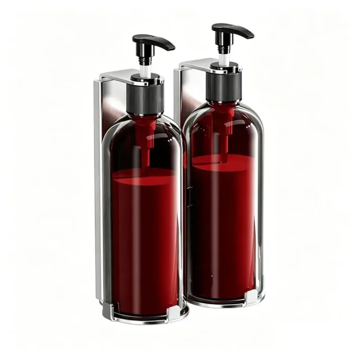 Double Lockable Shower Dispenser Set, 300ml Refillable Shampoo and Body Wash Bottles with Anti-Theft Wall Bracket