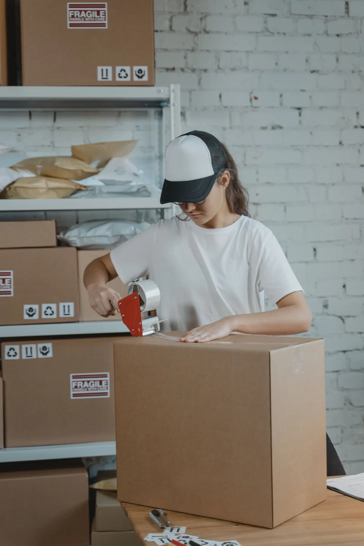 Worker sealing cartons for shipment
