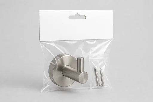 Brushed steel robe hook packed in a clear polybag with an unbranded header card