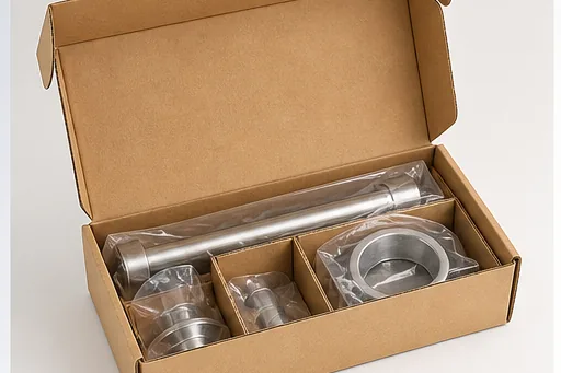 Open kraft inner box holding individually wrapped brushed steel bathroom accessories
