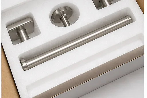 Bathroom accessories secured in a shaped protective insert